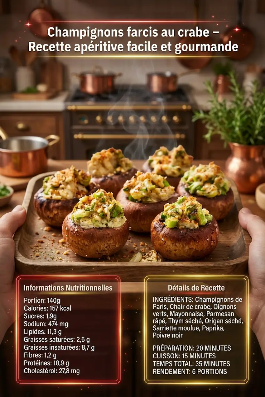 Infographie de la recette de champignons farcis au crabe, incluant les ingrédients et les informations nutritionnelles.