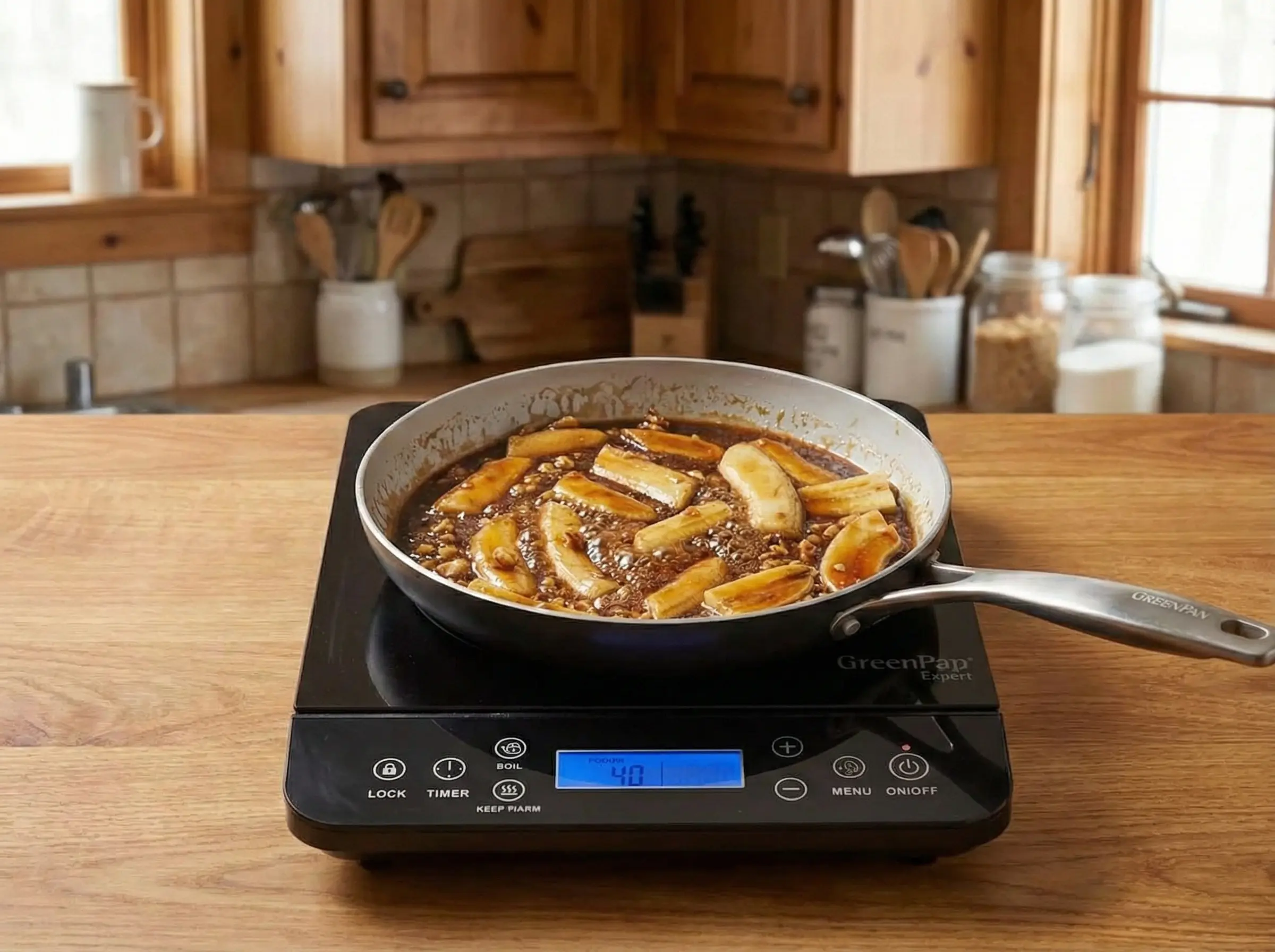 bananes et noix dans la poêle, cuisson 1 à 2 minutes