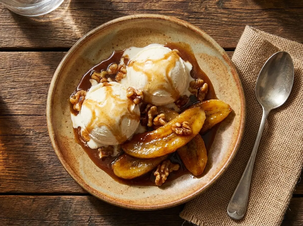 bananes Foster II, sauce au rhum et glace à la vanille