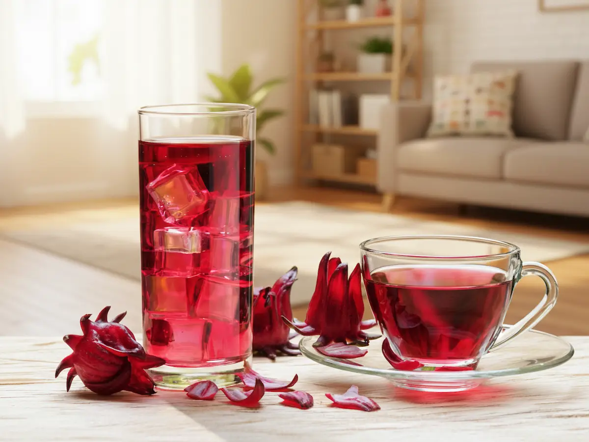 verre de bissap rouge rubis avec glaçons, boisson d’hibiscus bien fraîche