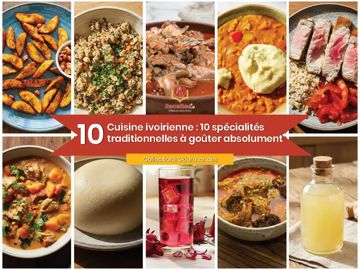 Grand plateau de spécialités ivoiriennes : attiéké, alloco, garba et sauces, dans une ambiance chaleureuse de cuisine d’Afrique de l’Ouest.