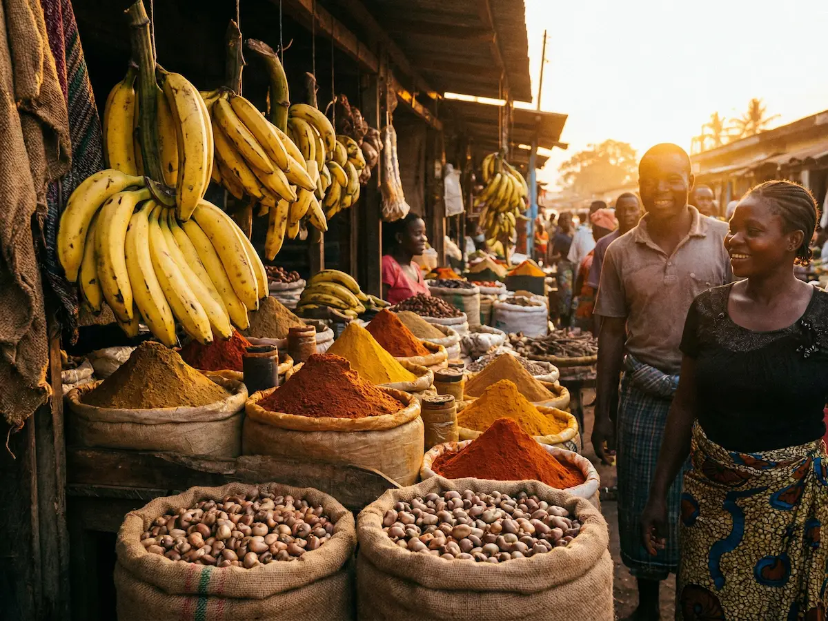 Gros plan sur un étal d'épices colorées et d'ingrédients frais dans un marché local d'Abidjan, soulignant l'ancrage ivoirien de Recettes.ci