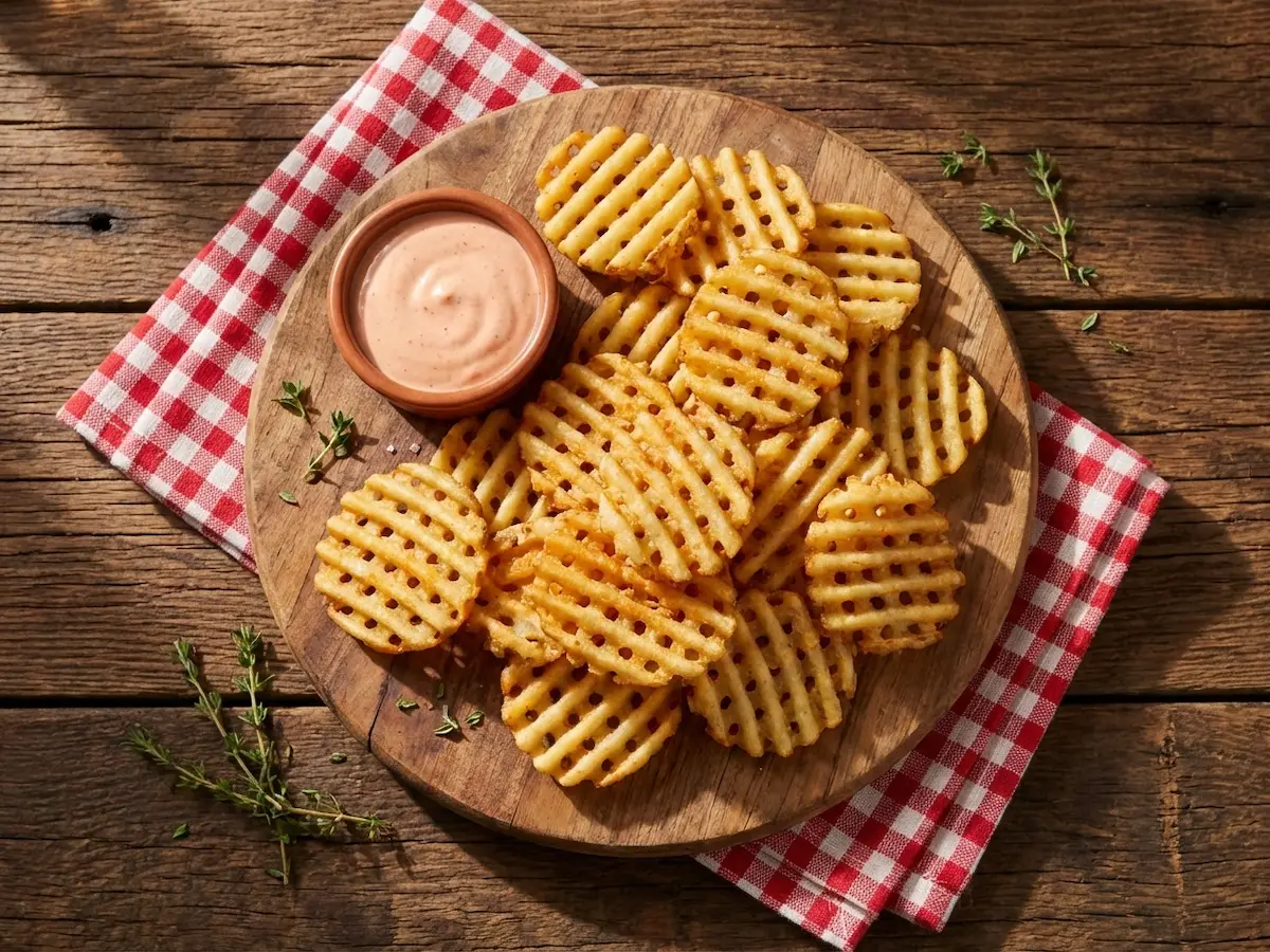 frites gaufrees dorées et croustillantes servies en assiette avec sauce