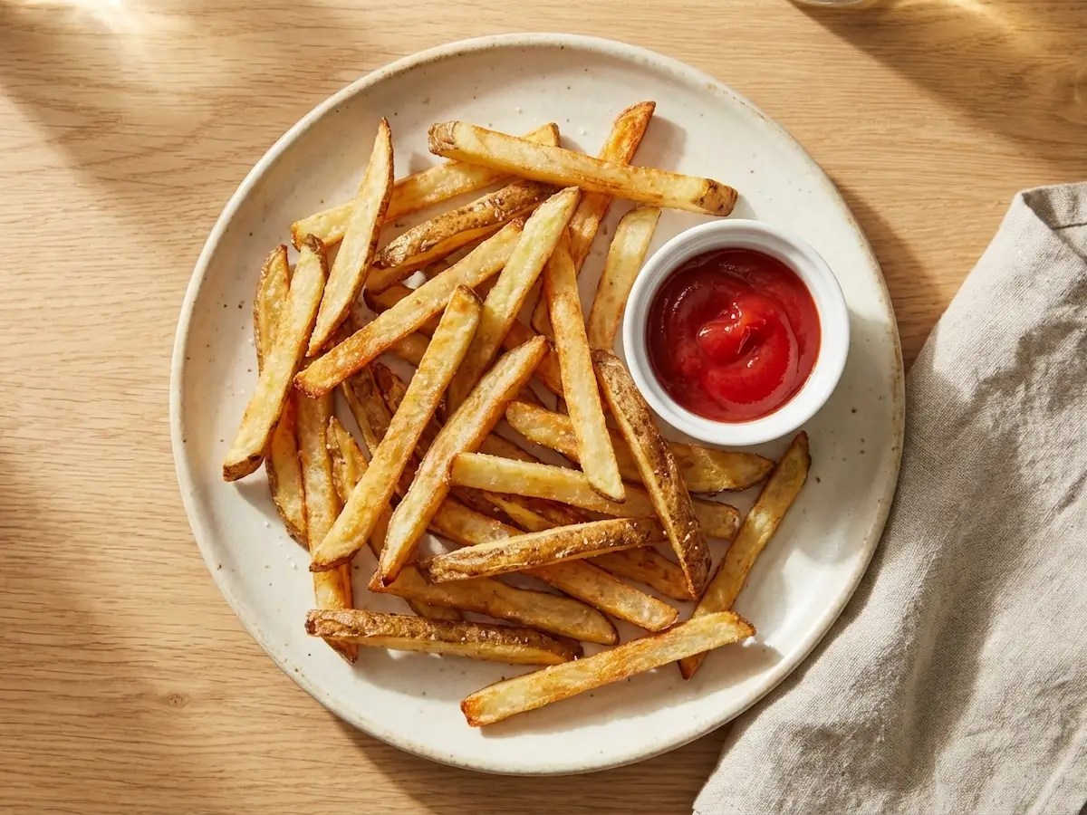 frites maison croustillantes dorées, servies très chaudes, surface craquante