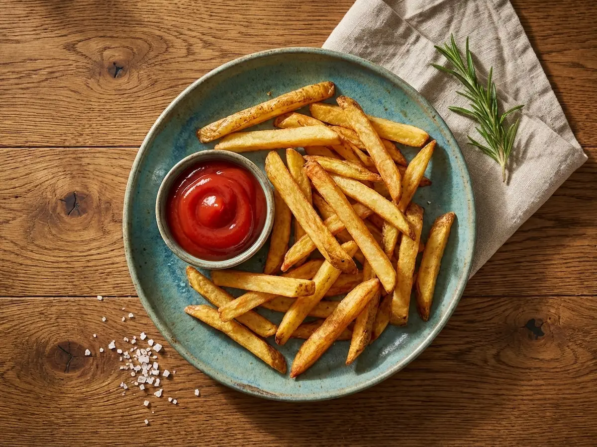 frites maison croustillantes servies sur papier, dorées et salées