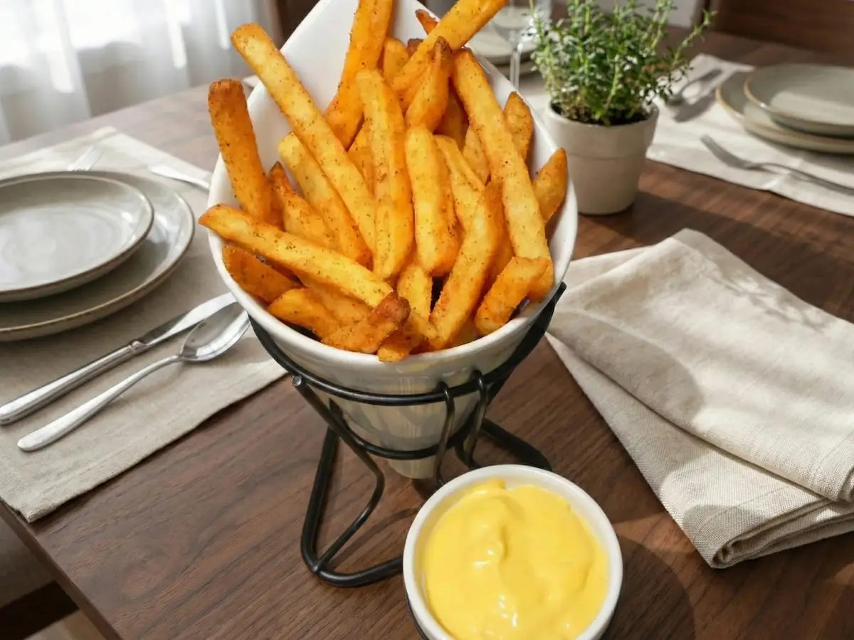 Frites nacho à la friteuse à air servies dorées avec une sauce au fromage chaude