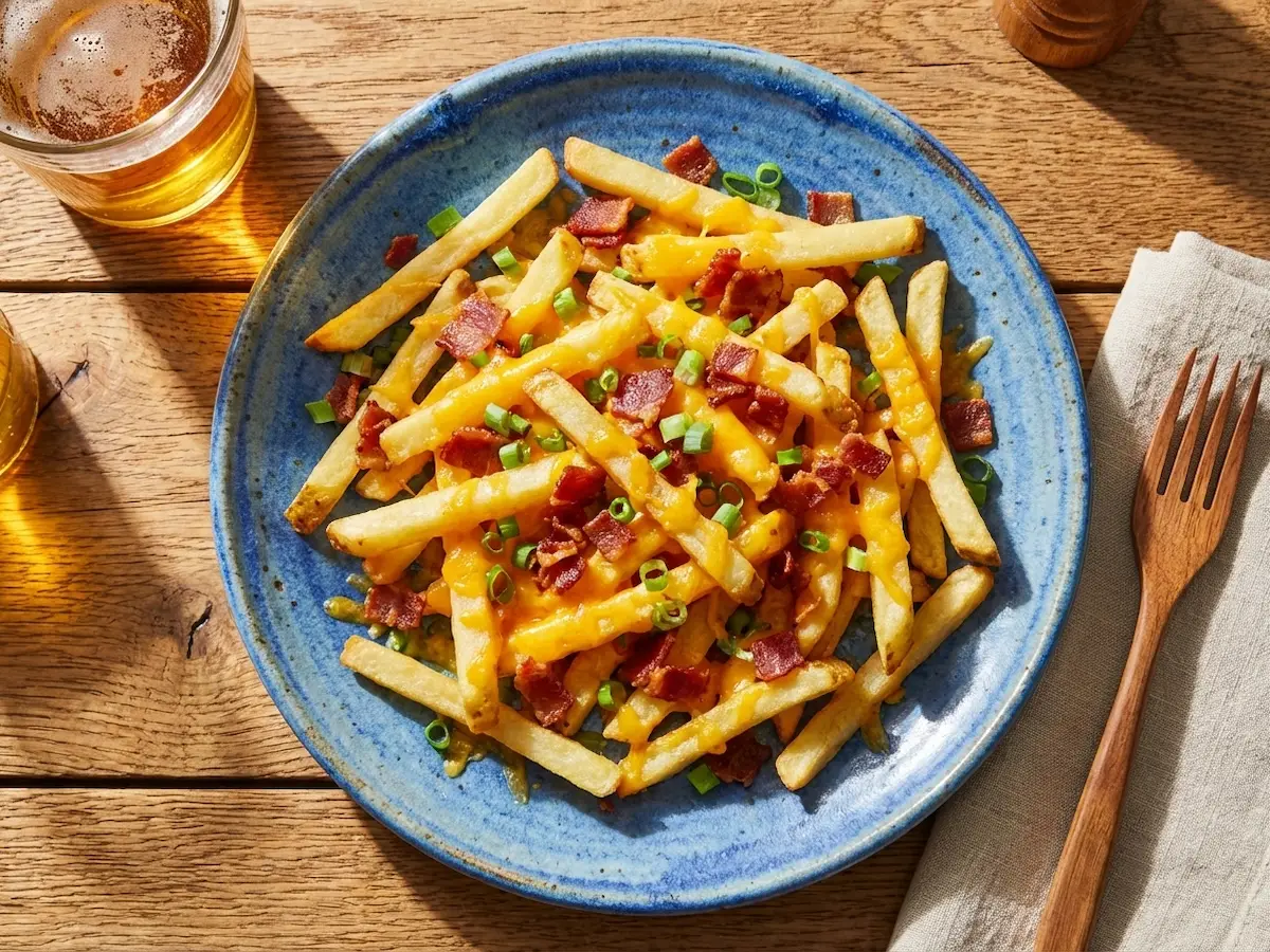 frites sriracha gratinées au cheddar, bacon et oignons verts sur plaque de cuisson