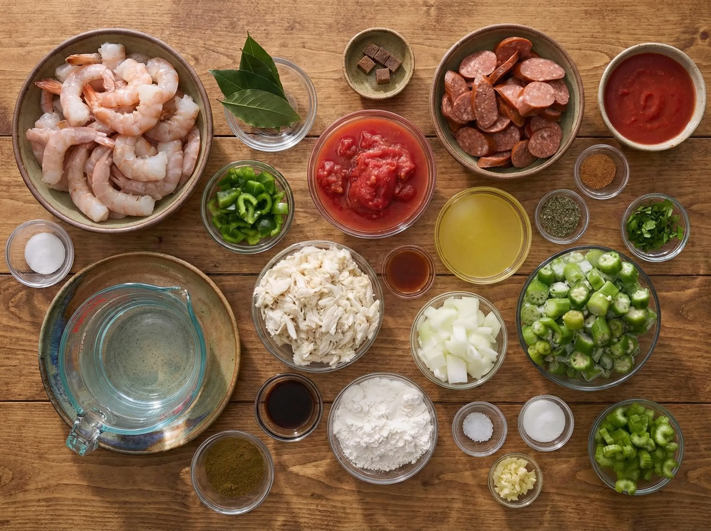 ingrédients du gombo (crevettes, saucisse, légumes) prêts à cuisiner