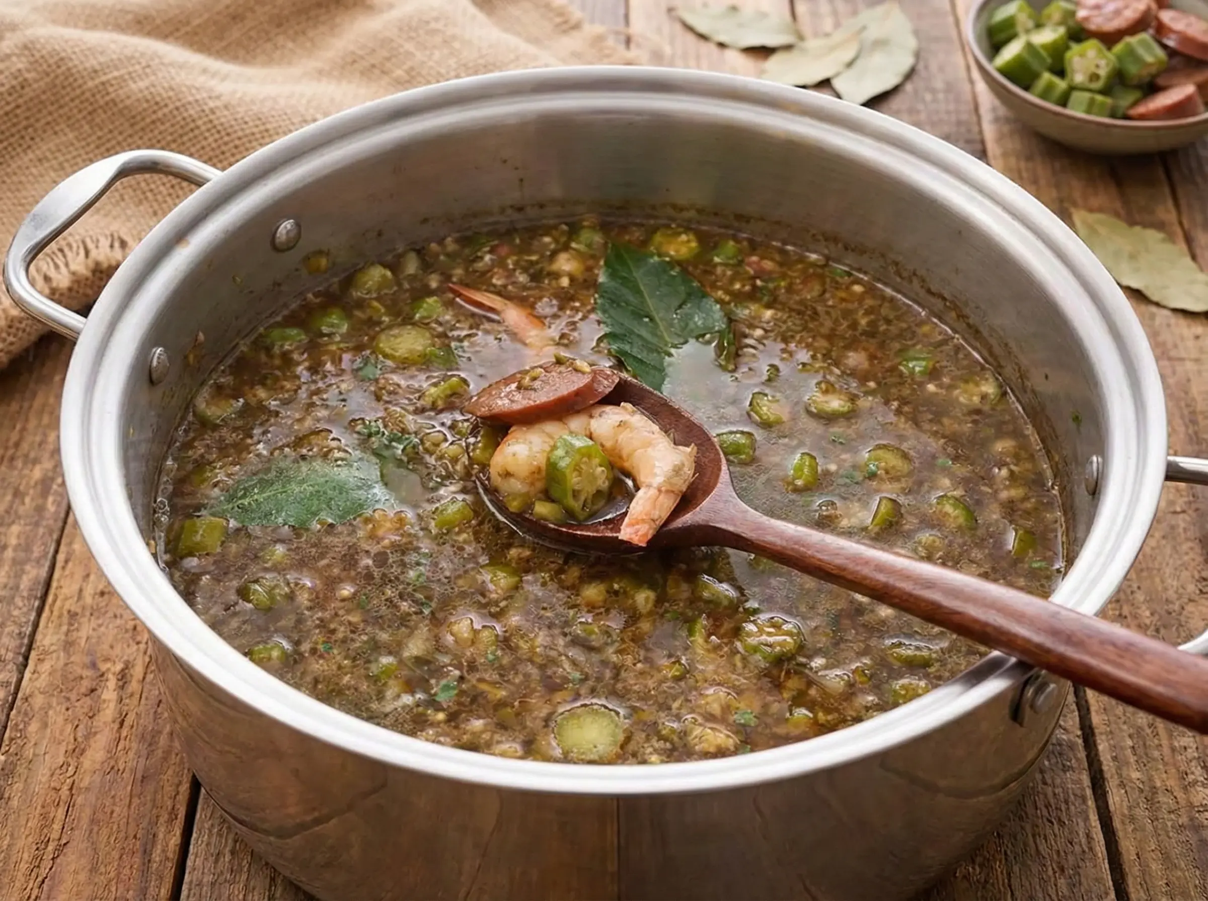 gombo créole avec crevettes, saucisse et gombo (légume) dans la marmite