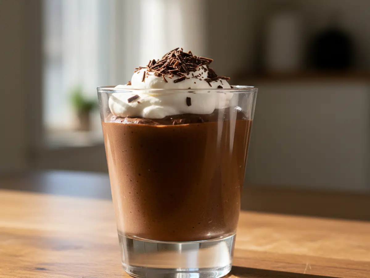 mousse au chocolat noir servie en ramequin, texture lisse et aérienne