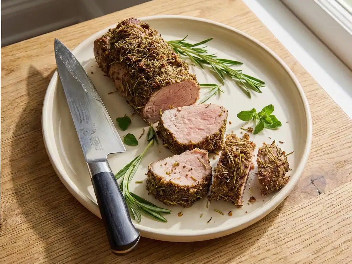 filet de porc à la toscane – tranché, romarin, planche en bois