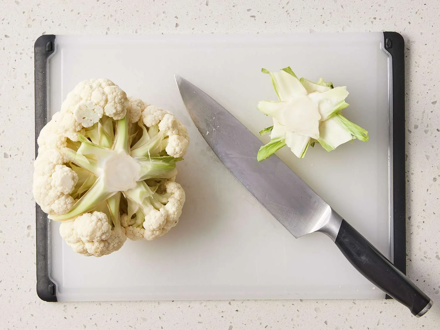 Cut cauliflower stem flush with the rest of the head so it can stay upright in a casserole dish.