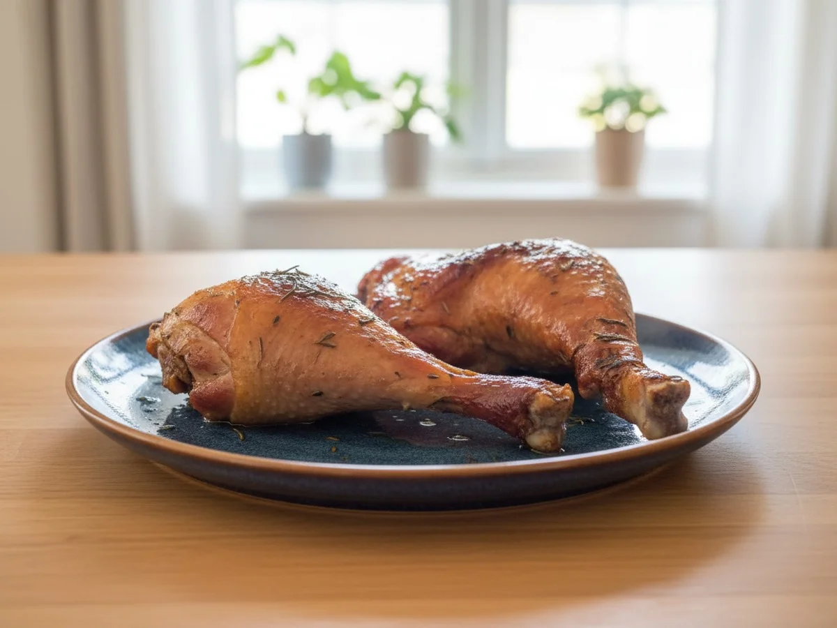 close up view of two Oven Roasted Turkey Legs on a parchment paper lined baking sheet