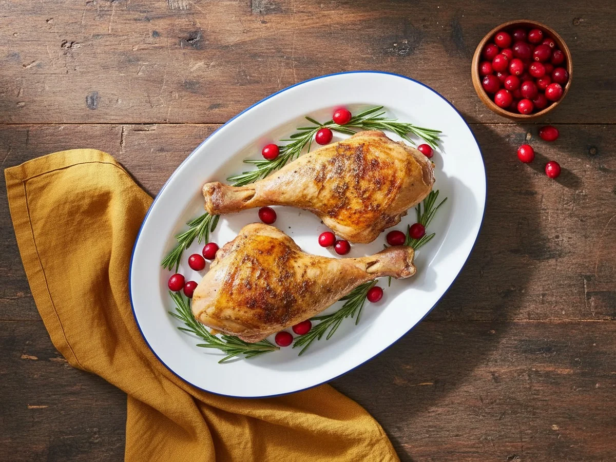 Slow Cooker Turkey Legs on a platter garnished with green herbs and red berries