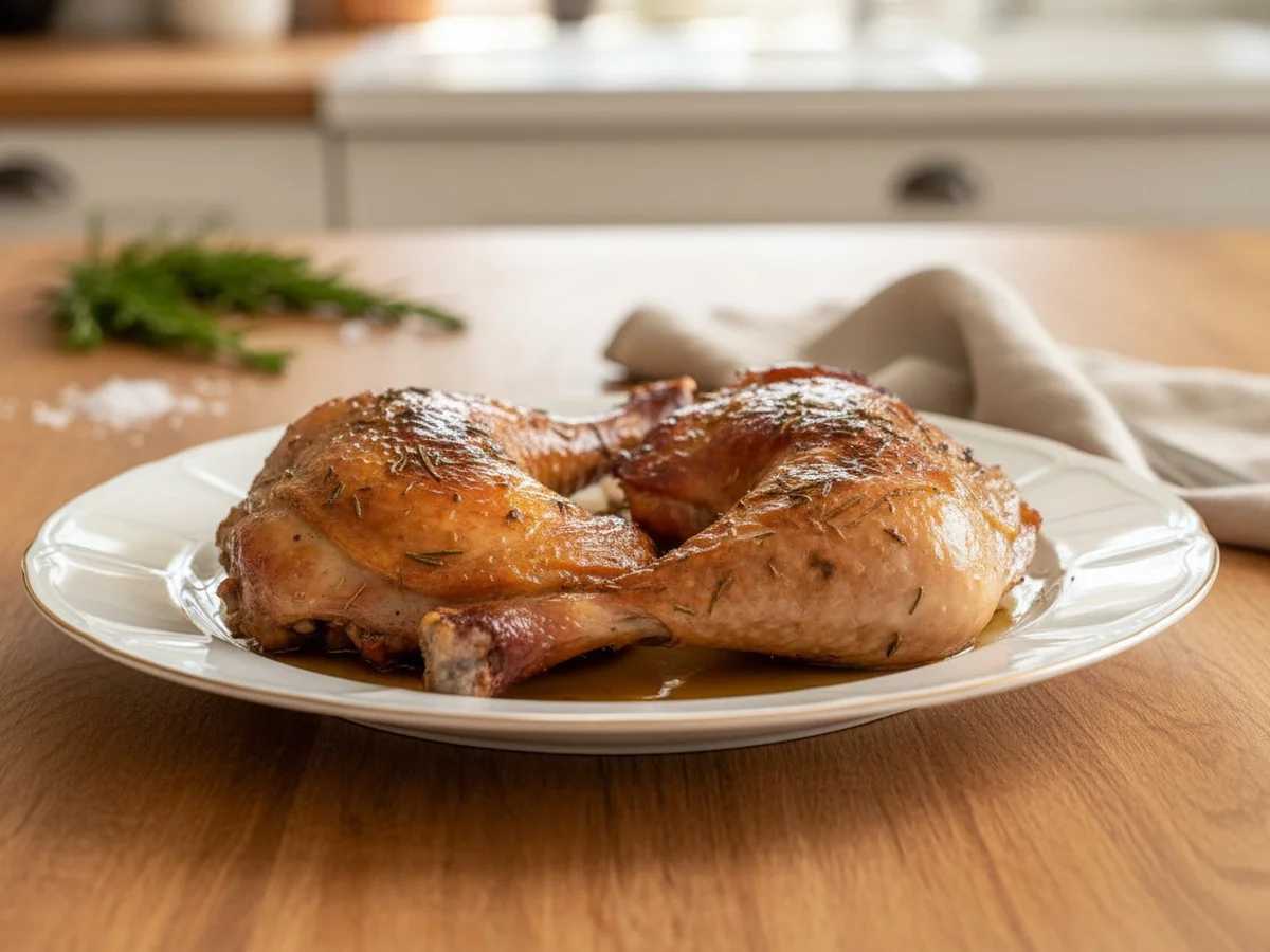 close up view of two Oven Roasted Turkey Legs on a parchment paper lined baking sheet