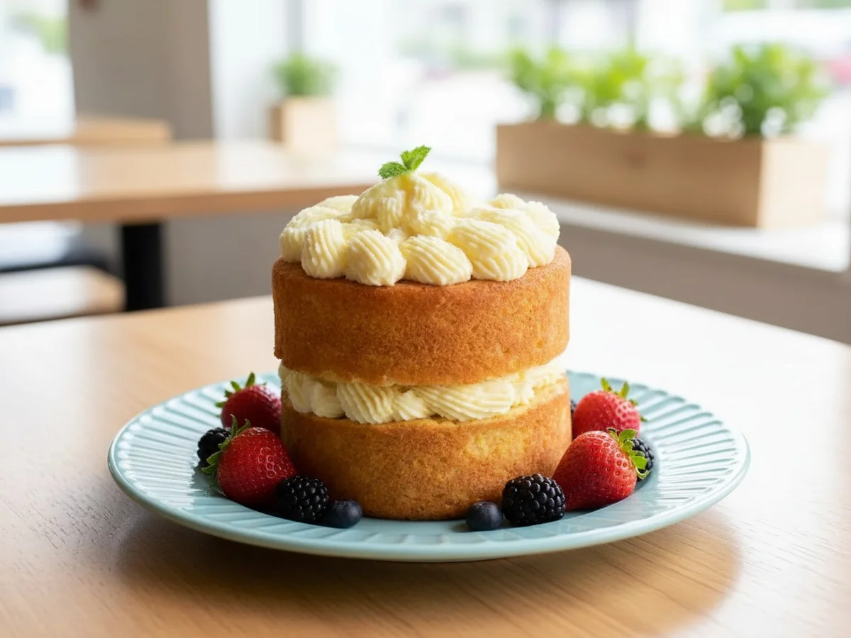 Layered naked limoncello cake with frosting on top, mint, and berries